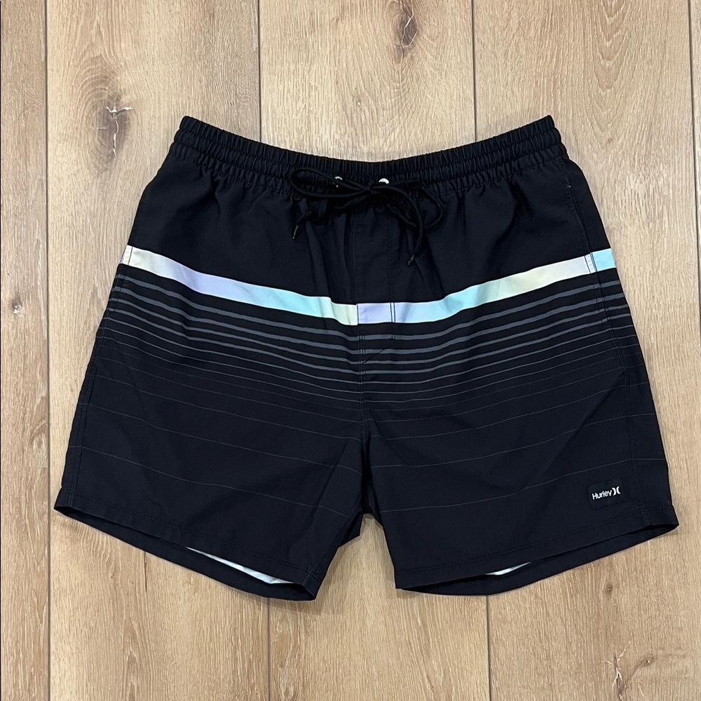 Hurley Men's Black Swim Trunks with Multicolor Stripes